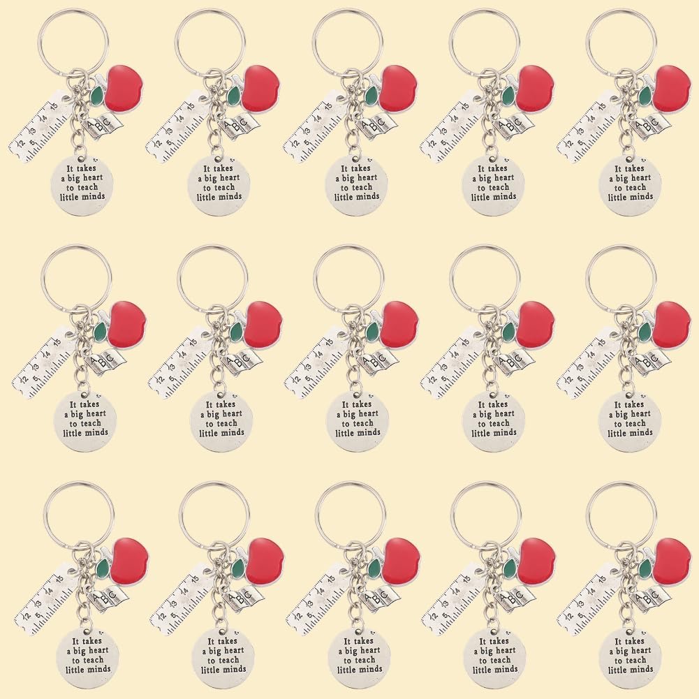 SUNNYCLUE 1 Box 20Pcs Teacher Appreciation Keychain Bulk Teachers Key Chains Pack Word Inspiration Silver ABC Red Apples School Thanks Charms for Handbags Party Wedding Favors Purse Holders Graduation