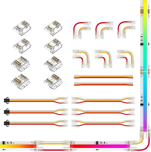 BTF-LIGHTING Kit Connettori LED FCOB 3 Pin 10mm - A L, Doppia Estremità, Da Striscia A SM/Filo, Cavi 15cm 22AWG, 22 Pezzi