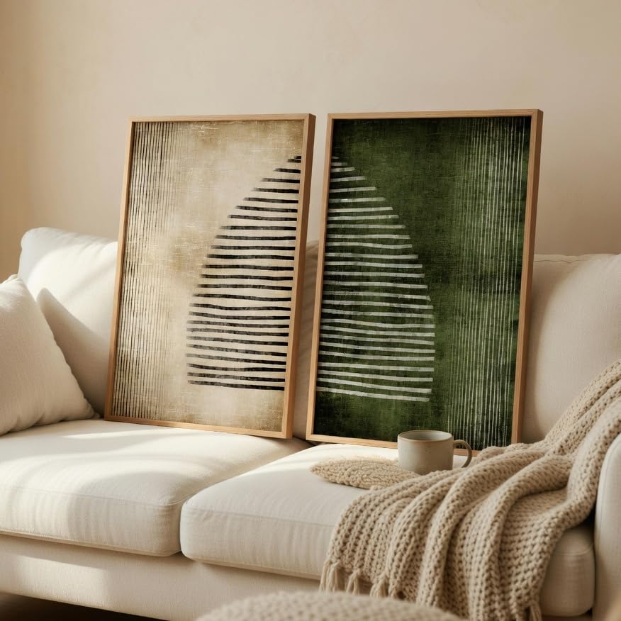 Image of Livin'luxe Modern Abstract Geometric Wall Painting Set of 2 with Wooden color Frames | Minimalist Line Art HD Sparkle Laminated MDF Wall Decor | Contemporary Abstract Wall Art for Living Room Bedroom