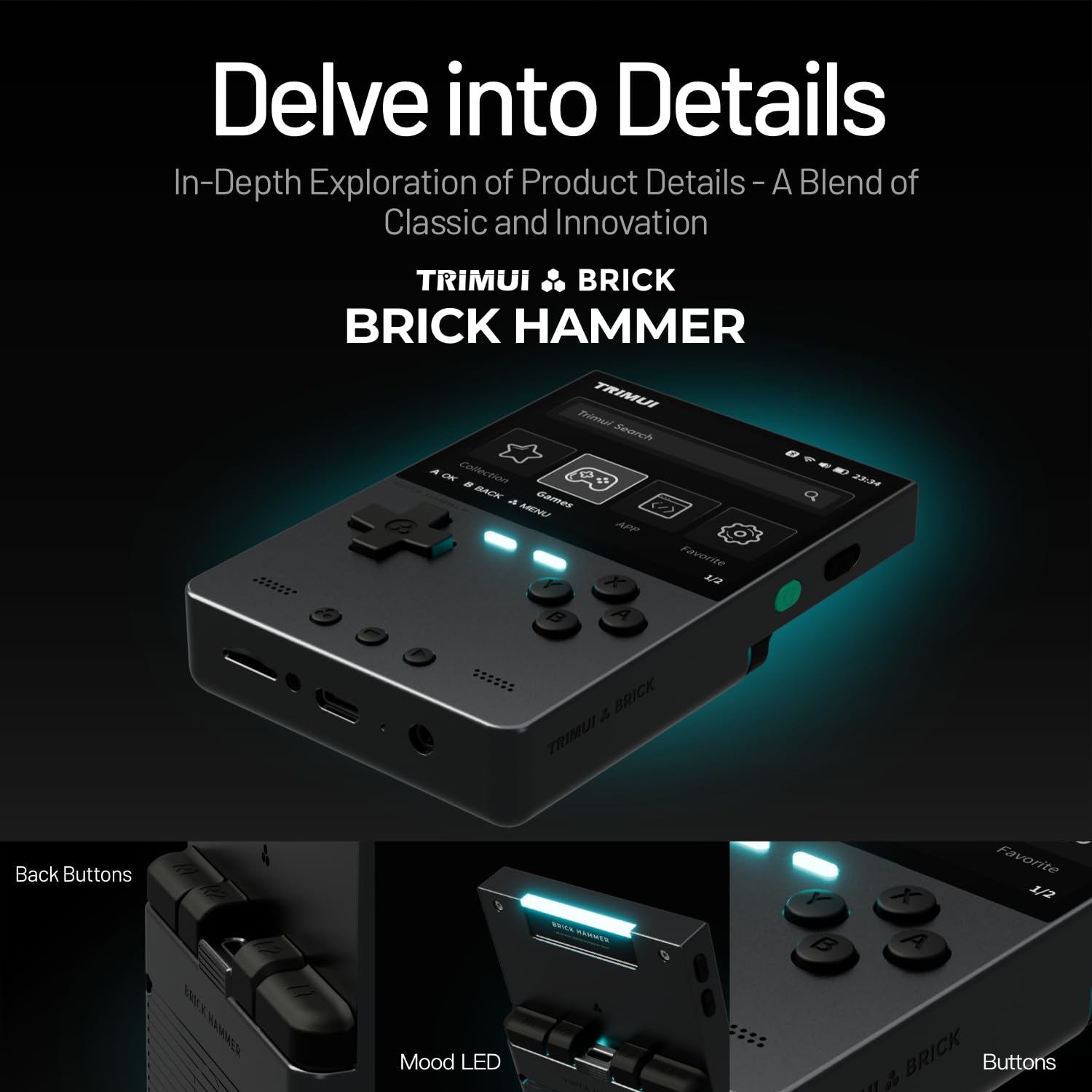TRIMUI Brick Hammer Retro Console di gioco portatile - Corpo in lega di alluminio CNC in metallo, schermo IPS da 3,2 pollici, memoria 8 GB, espandibile a 1 TB, batteria integrata da 3000 mAh