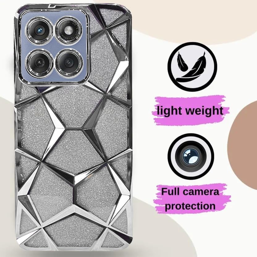 Image of VONZEE Gradient Glitter Case for Moto Edge 60 Fusion, Luxury Electroplated 3D Cube, Diamond Bling Shiny Soft TPU Clear Shockproof Women Girls Protective Phone Cover (Silver)