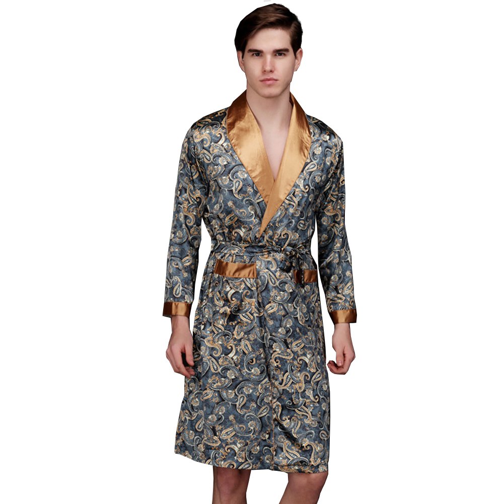 ZUEVI Men's Kimono Robe Silk Satin Long Sleeve Spa Bathrobe Lightweight Soft Silky Pajamas Robes