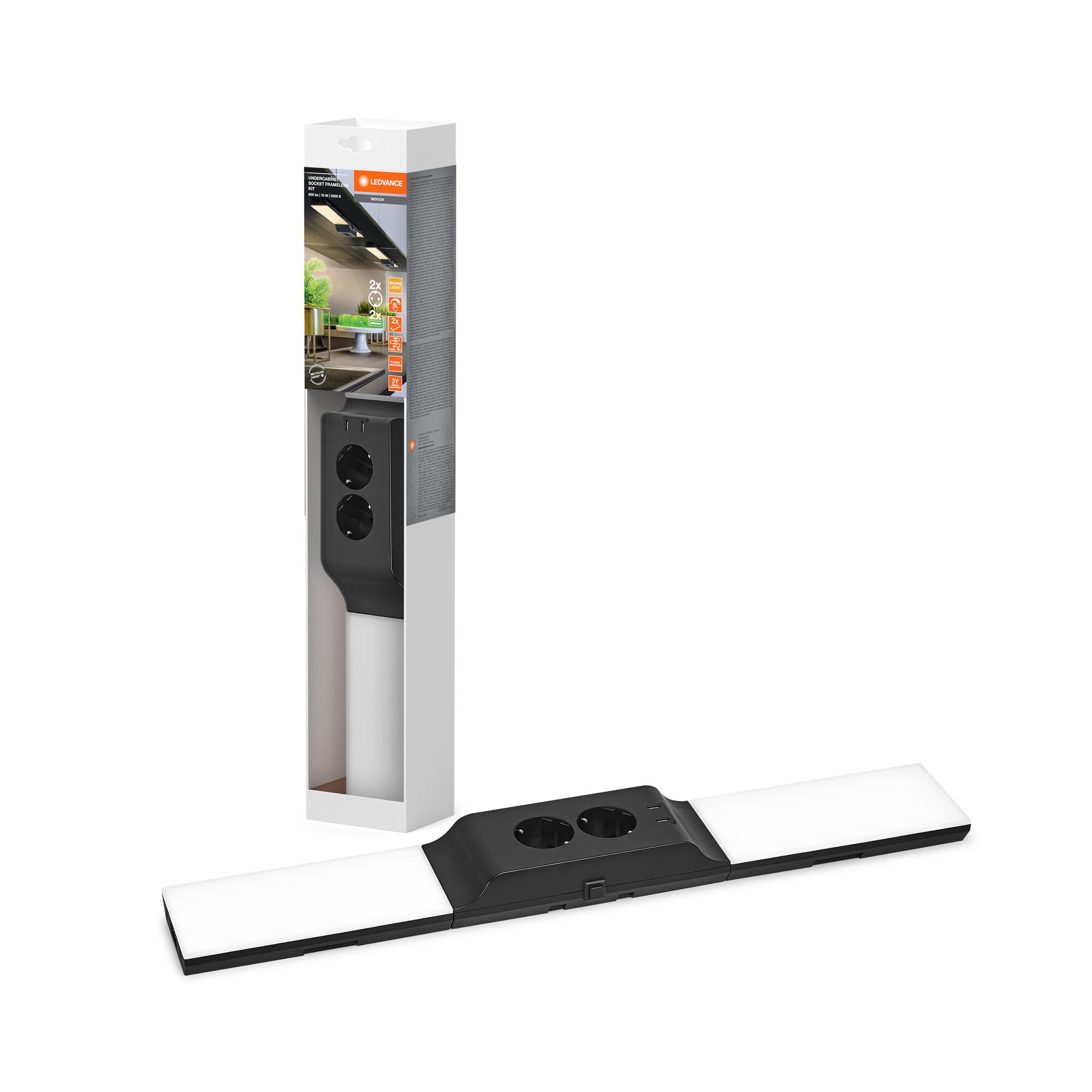 LEDVANCE Frameless under-gabinet light kit with sockets and USB-C charging stations flood, 10W, 500 lm, 3,000 K, 830 warm white, regulable, black, plastic (PC), IP20