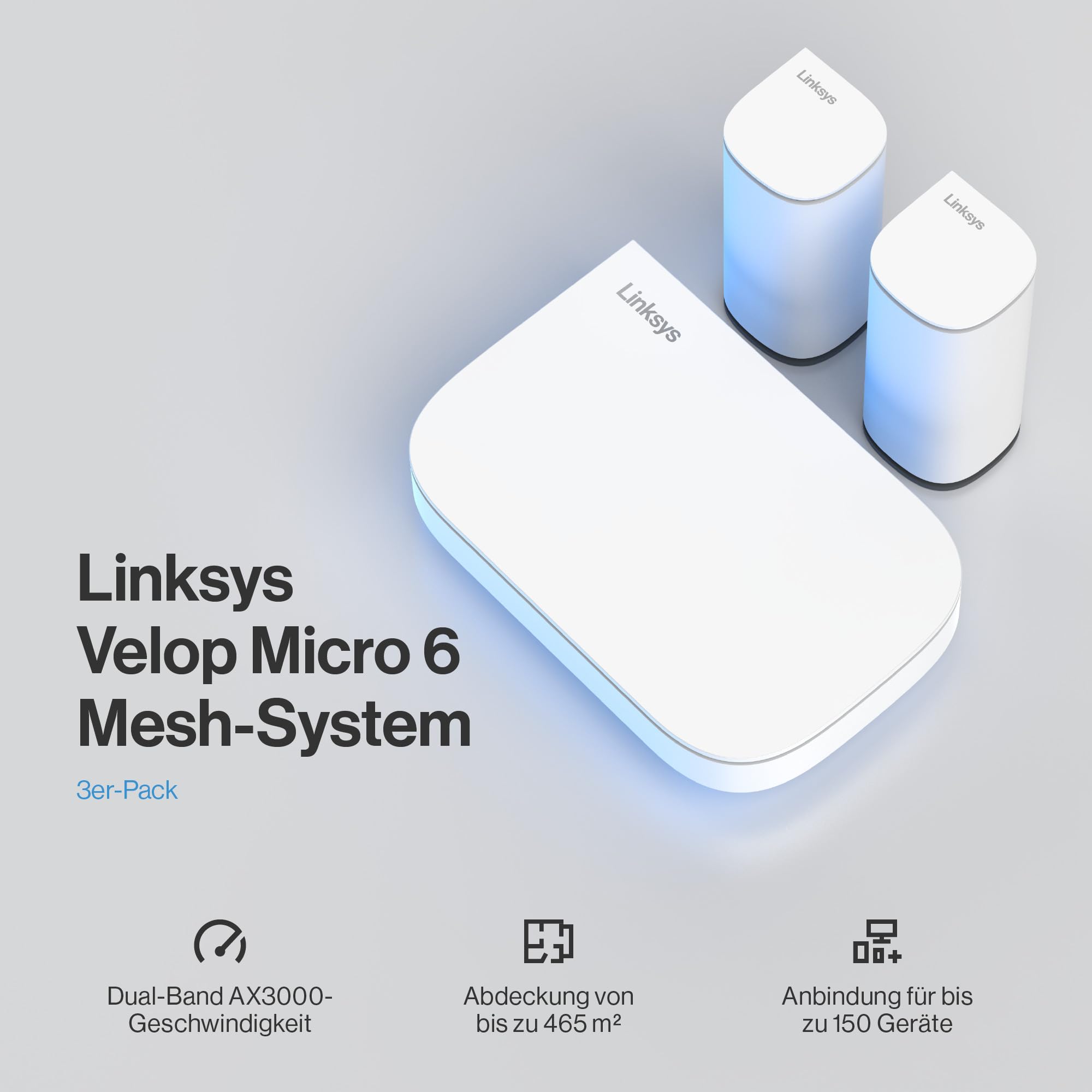 Linksys Velop Micro 6 Dual-Band Mesh-WLAN-System - WiFi 6-Router mit bis zu 3 Gbit/s für 465 m² und 150+ Geräte - ersetzt Internet Router und Extender, 3er Pack