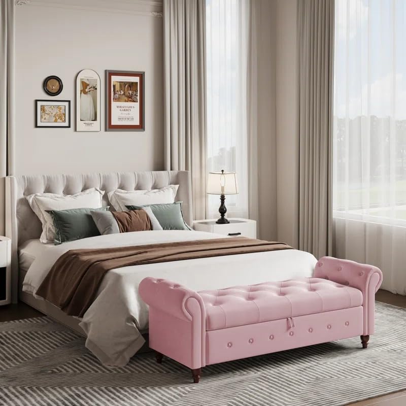 Image of LEGACY OF COMFORT F4 Velvet Upholstered Storage Bench Sofa Bench Sofa couches Rolled Arm Window Bench Ottoman Bench 2 Seater Sofa Chaise Lounger or Living Room Bedroom Office (Pink Velvet)