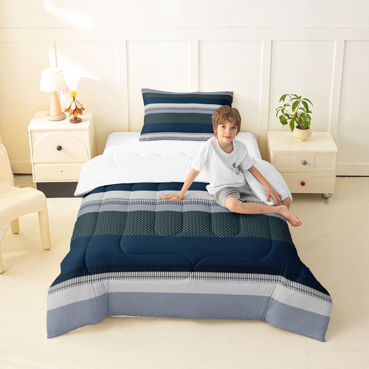 jejeloiu Bettwäsche-Set, grau, blau, weiß, gestreift, Doppelbett, geometrische Geometrie, Bettdecken-Set für Kinder, Patchwork, gestreift, für Damen, Herren, Teenager, ultraweich, moderne