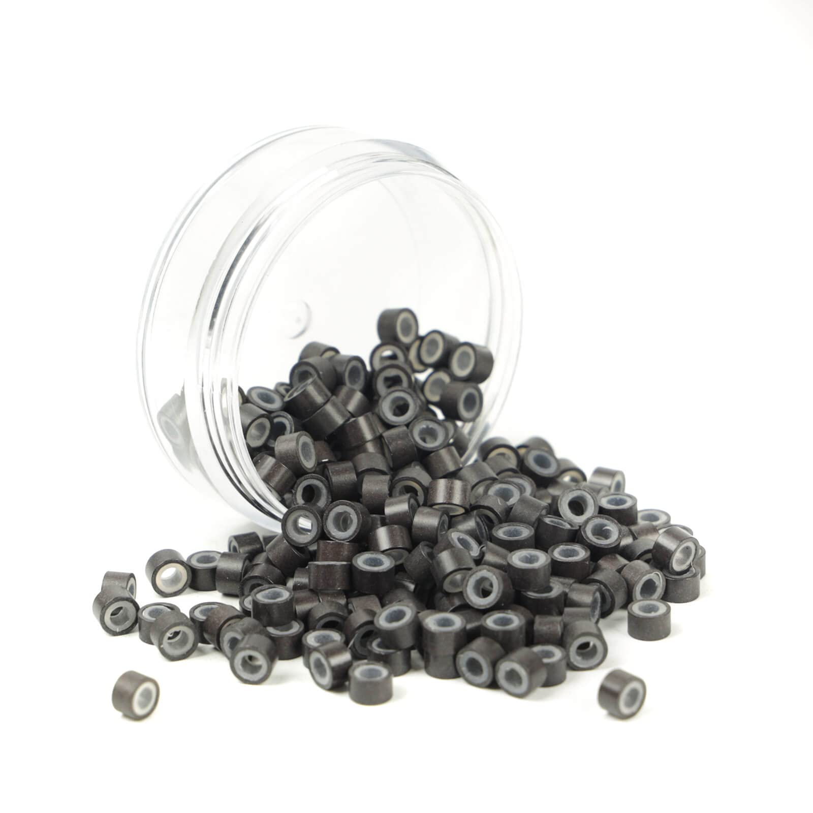 Beads silikonowe mikro-pierścienie 5 mm, lined do przedłużania włosów, tip/nano koraliki, koraliki narzędziowe, ciemnobrązowe, 200 sztuk