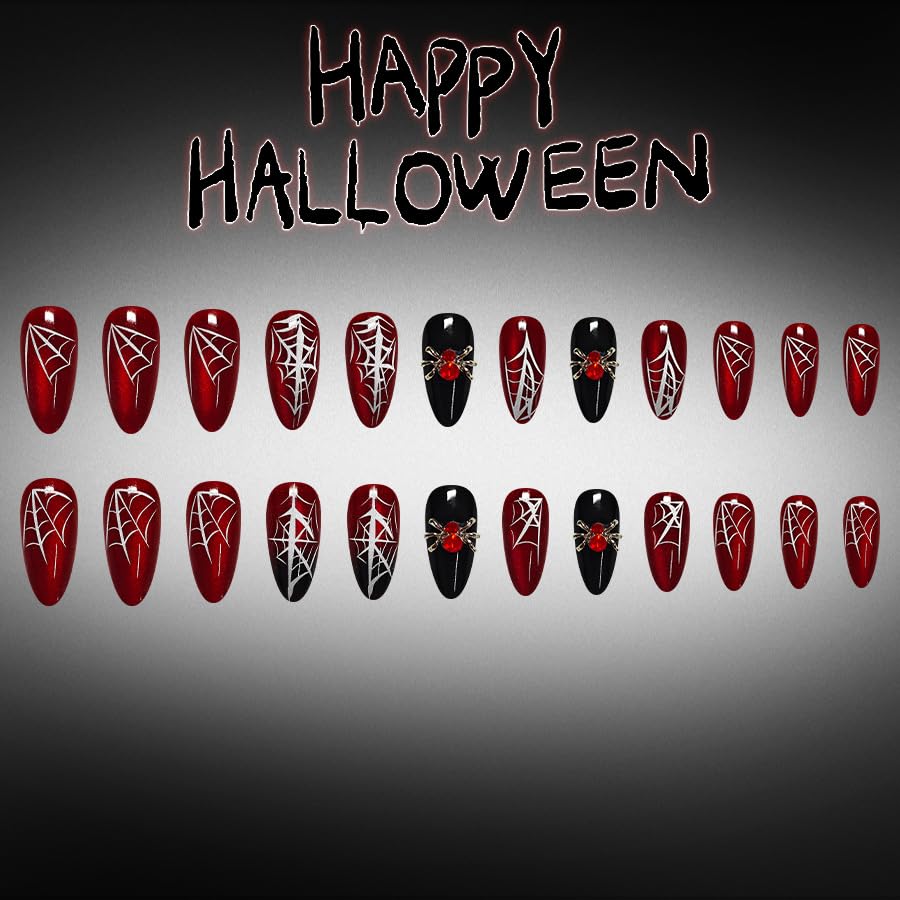 Halloween 24PCS Black Red Rhinestones Cat Eye Spider Web Press on Nails for Women Almond Medium Glossy Fake Nail Acrylic Full Cover Stick on Nails Manicure Decoration Reusable False Nail Kit Gift image 4