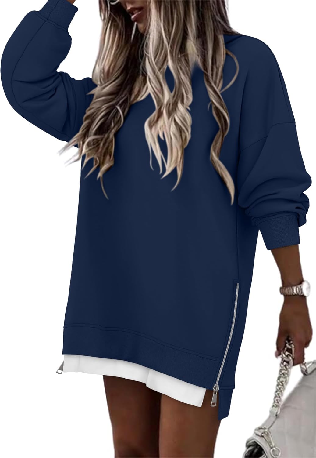 CHICZONE Crew Neck Oversized Sweatshirt Zipper Slit Long Sleeve Pullover for Women 2025 Trendy Fall Clothes
