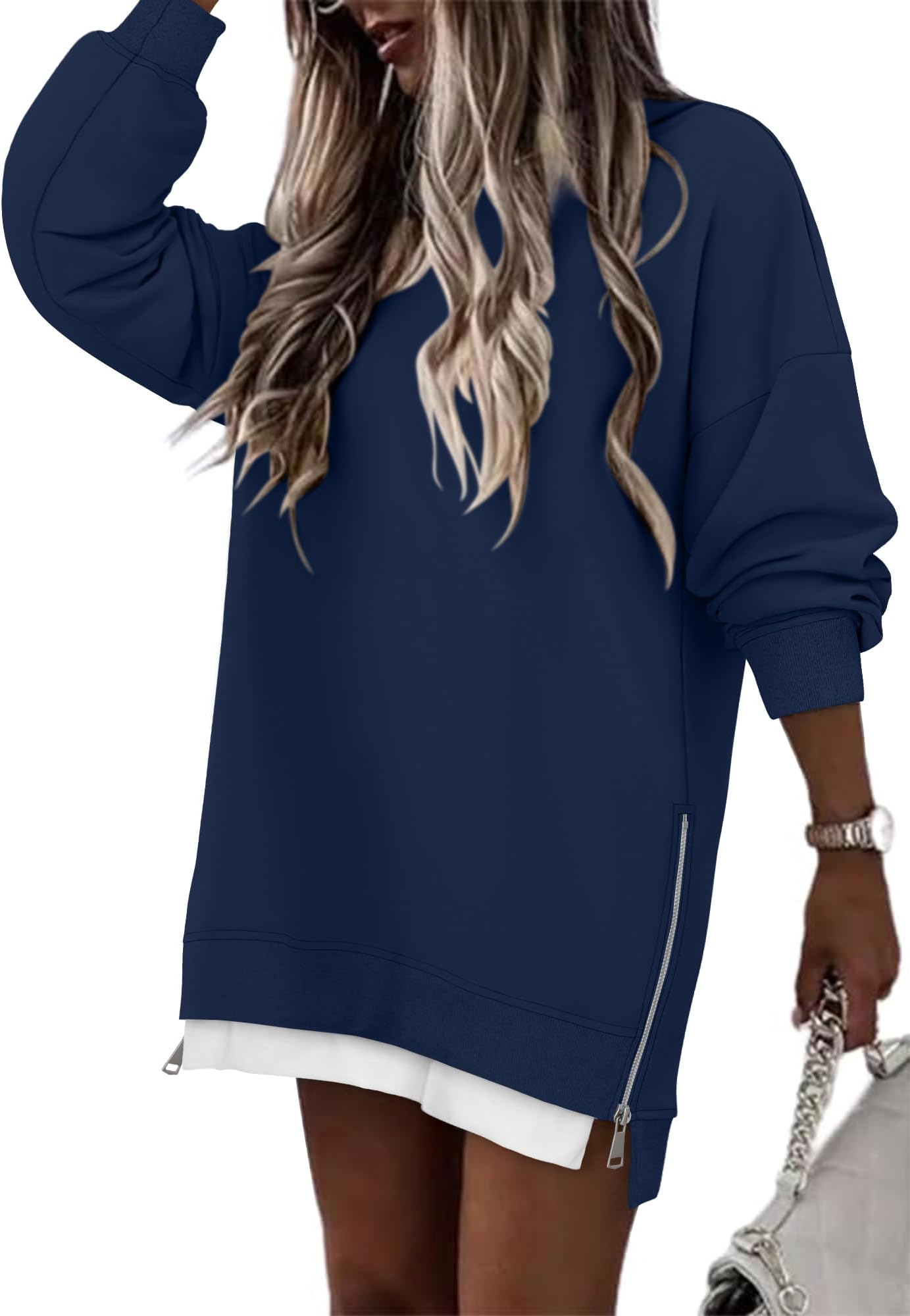 Women's Long Sleeve Sweatshirts Crewneck Casual Pullover Fall Zipper Slit Hoodies Oversized Top Jumpers