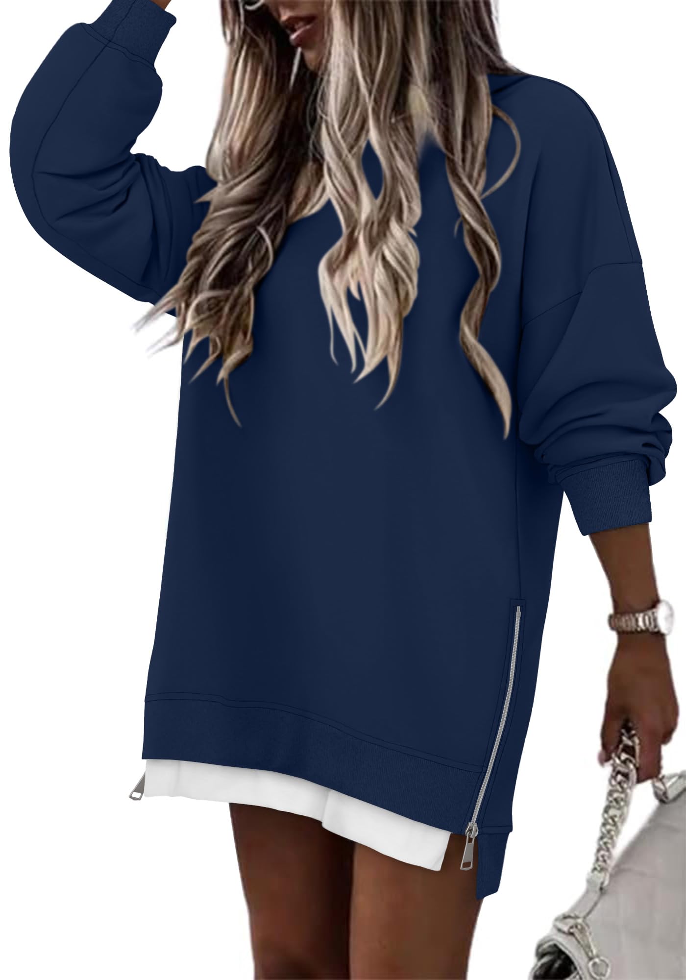 Women's Long Sleeve Sweatshirts Crewneck Casual Pullover Fall Zipper Slit Hoodies Oversized Top Jumpers
