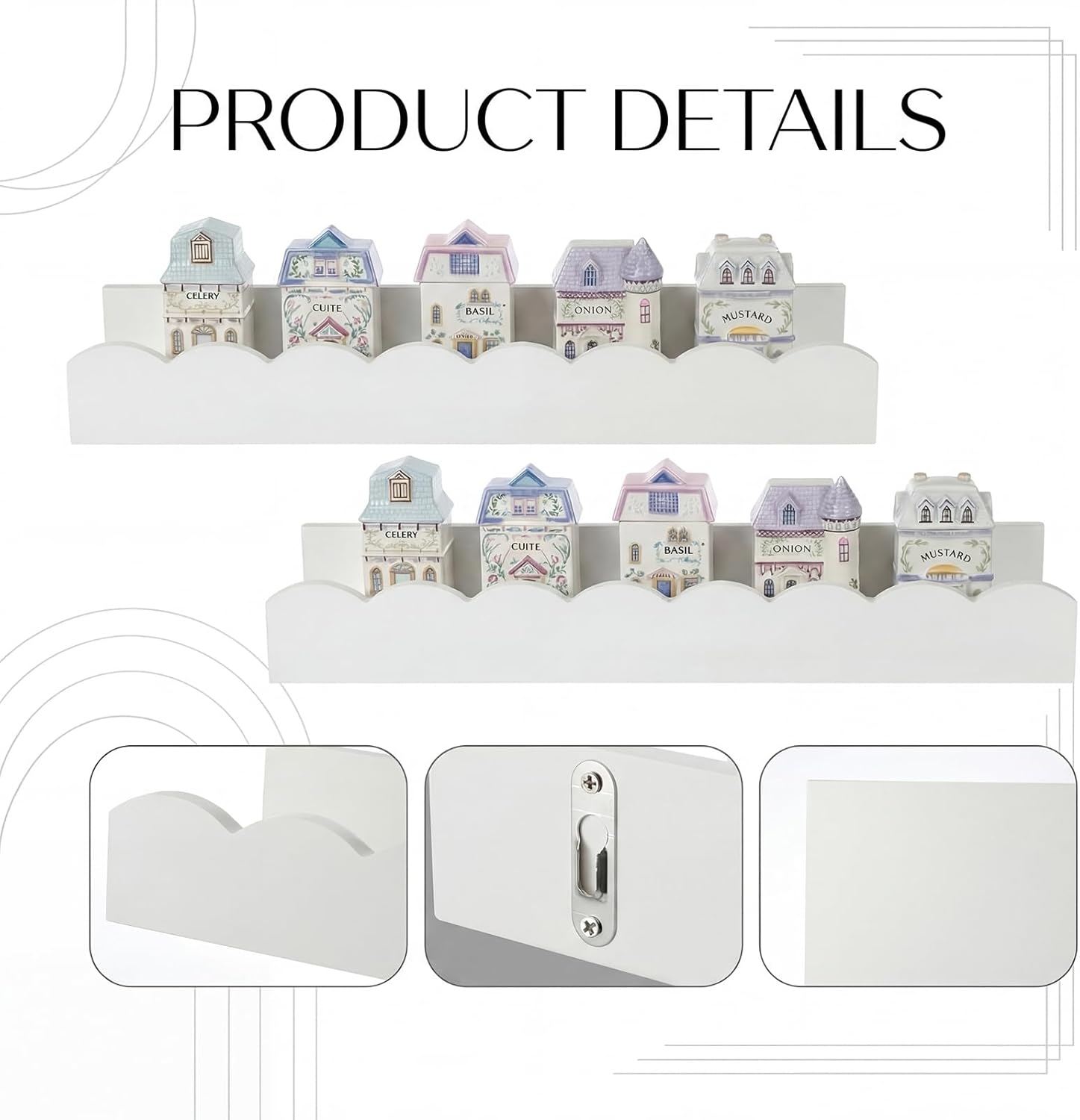 Chunful 4 Tiers Spice Rack Wall Mounted 15.75 x 4.72 x 1.97 Inches Floating Scalloped Display Shelves Wooden Display Stand for Spice Jars Holds 24 Vintage Jars Kitchen Wall