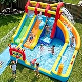 Whubefy 25.6ft Triple Ocean Splash Inflatable Water Slide Park, 16.3ft Detachable PVC Sprinkler Slide wth Bodyboards, Dump Bucket, Crab Ring Toss & Target Toss Station, Deep Pool for Kids Backyard Fun