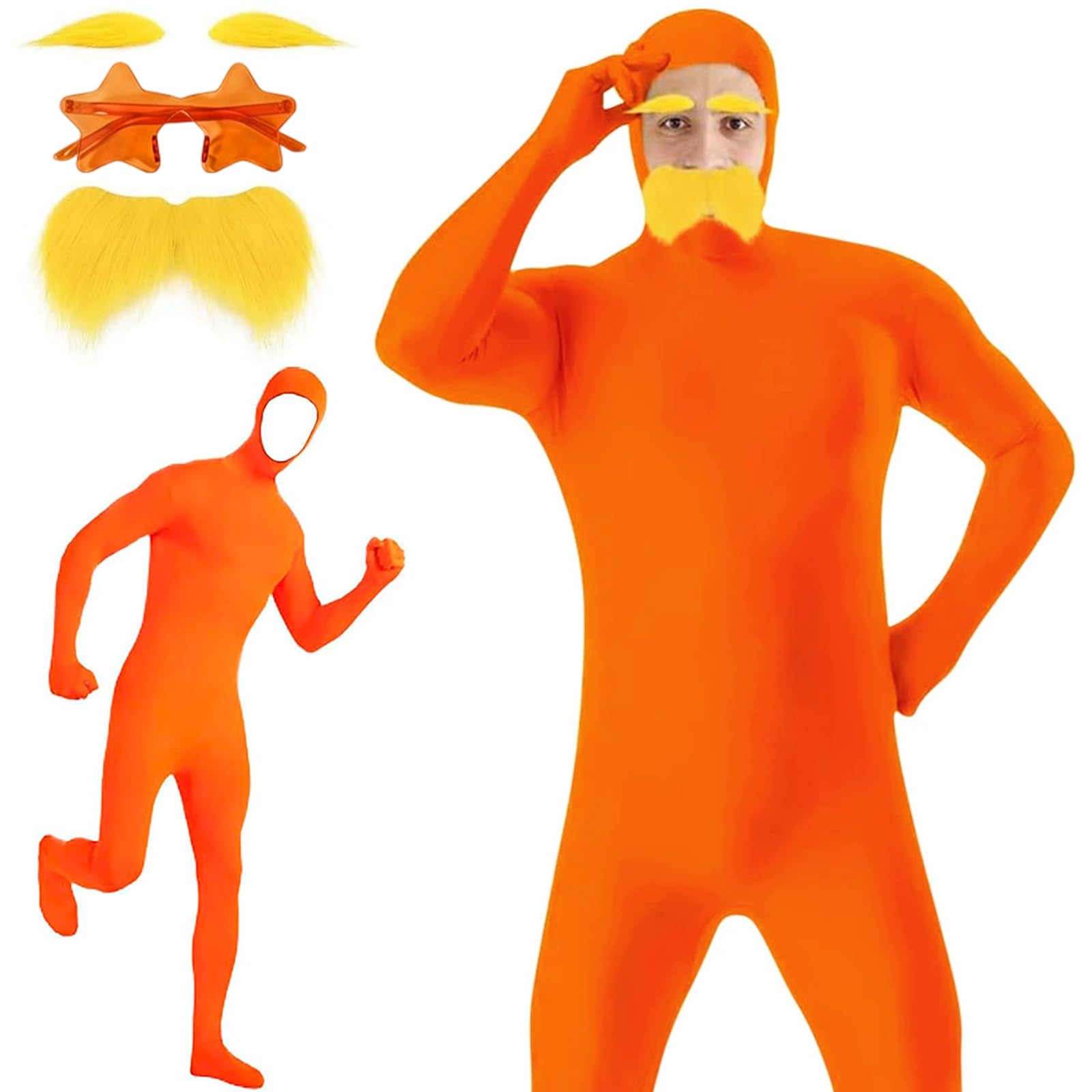 Orange Jumpsuit Costume, Halloween Costumes, 3 PCS Orange Costume with 1 Orange Body Suit, 1 Yellow Mustache & Eyebrows, 1 Star Glasses, for Attending Halloweens & Parties Use by Those Aged 15+ (180)
