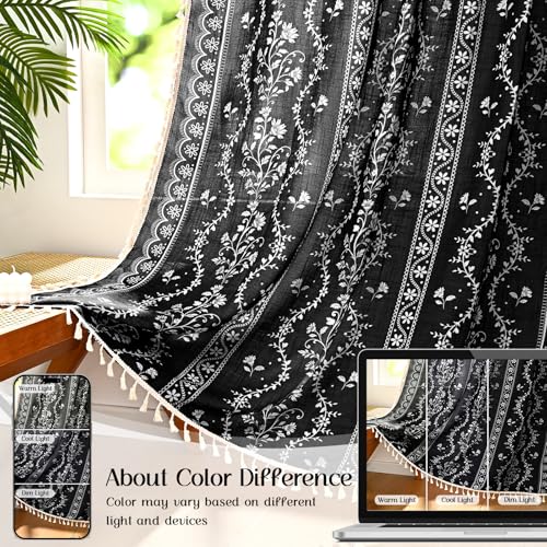 Image of Yinhua Boho Curtains for Living Room 84 Inch Length Vintage Linen Curtains for Bedroom Light Filtering Floral Window Curtain Rod Pocket & Back Tabs Rustic Tassel Drapes with Tiebacks, Black