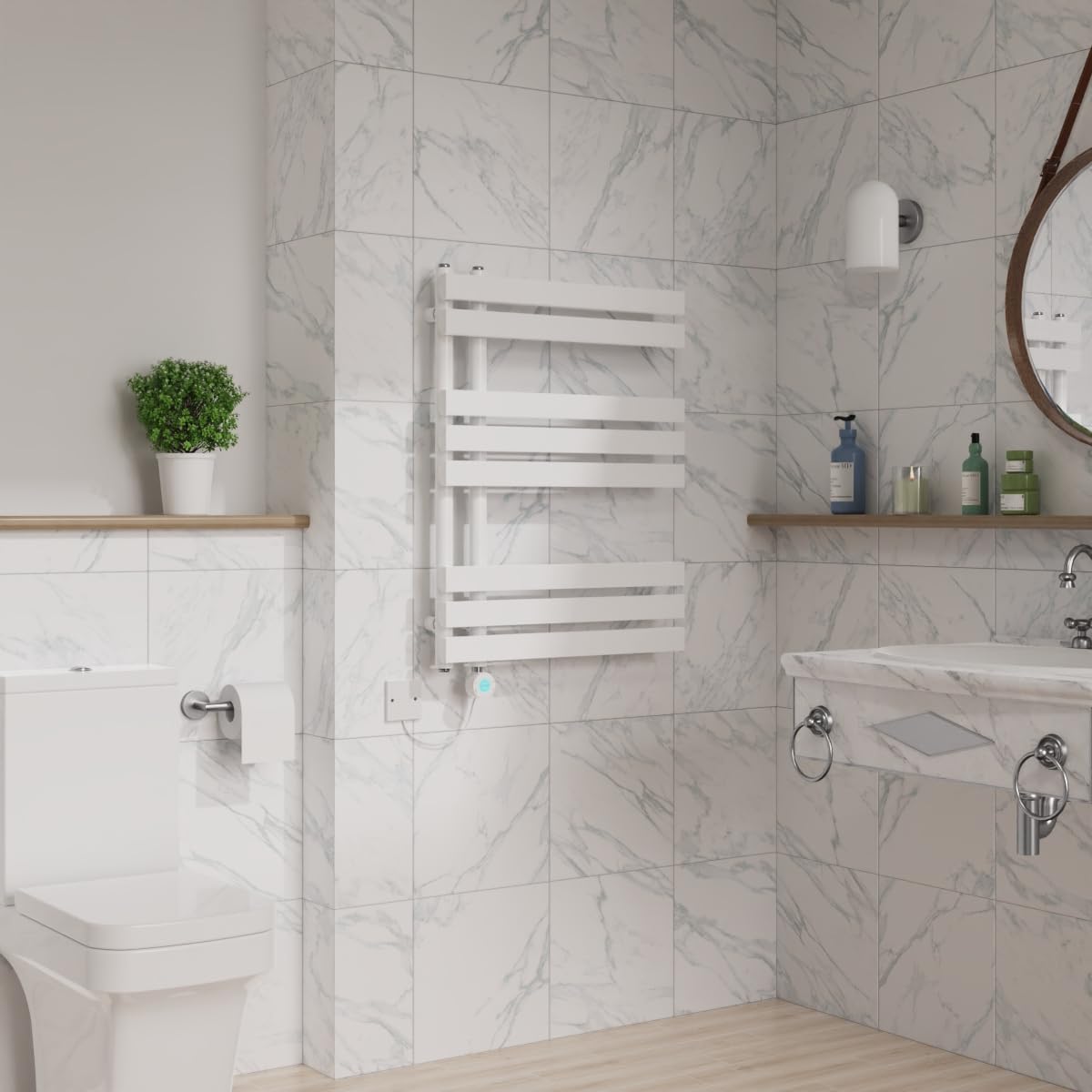 Warmehaus Designer Smart WiFi Thermostatic Electric Bathroom Heated Towel Rail Warmer Radiator with Timer D Shape Tube 800x600mm White