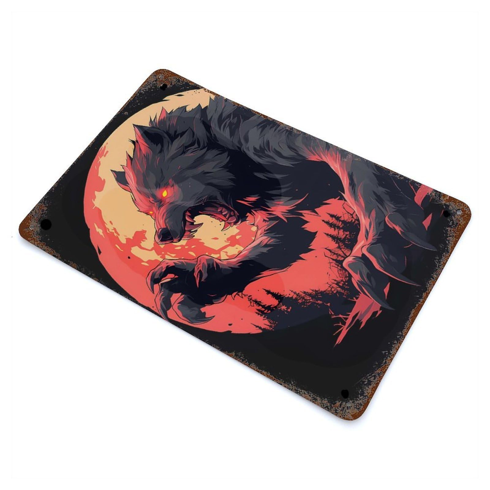 Fearsome Werewolf Howling at The Moon 11.8"x7.9" Retro Metal Sign, Industrial Home Decor for Office, Studio And Wall Decor