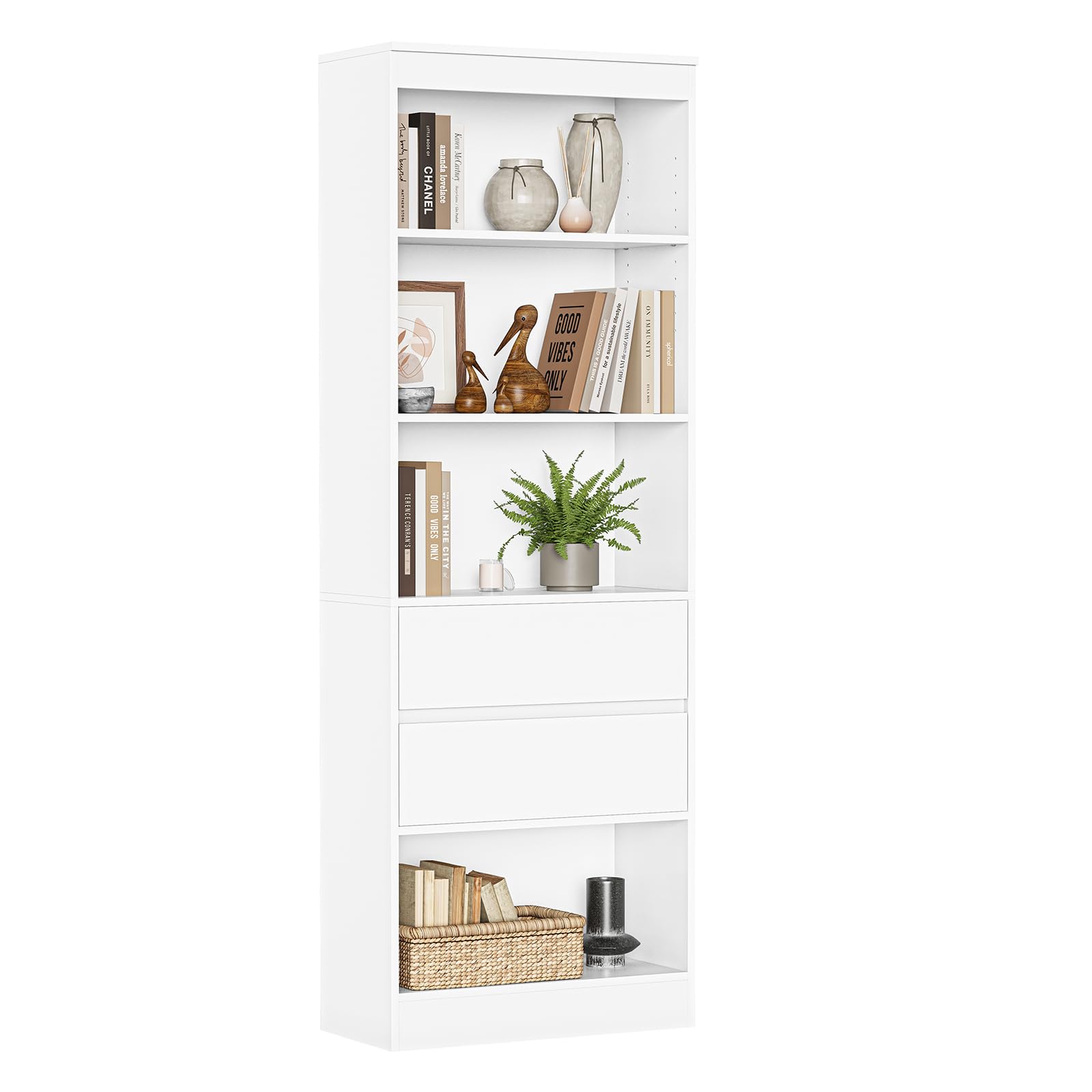Bibliothèque, Meuble de Rangement avec 2 Grands Tiroirs et 4 Compartiments, Colonne Polyvalente avec Étagère Réglable, pour Salle de Bain, Salon, Cuisine,Facile à nettoyer, 180x60x24 CM,Blanc
