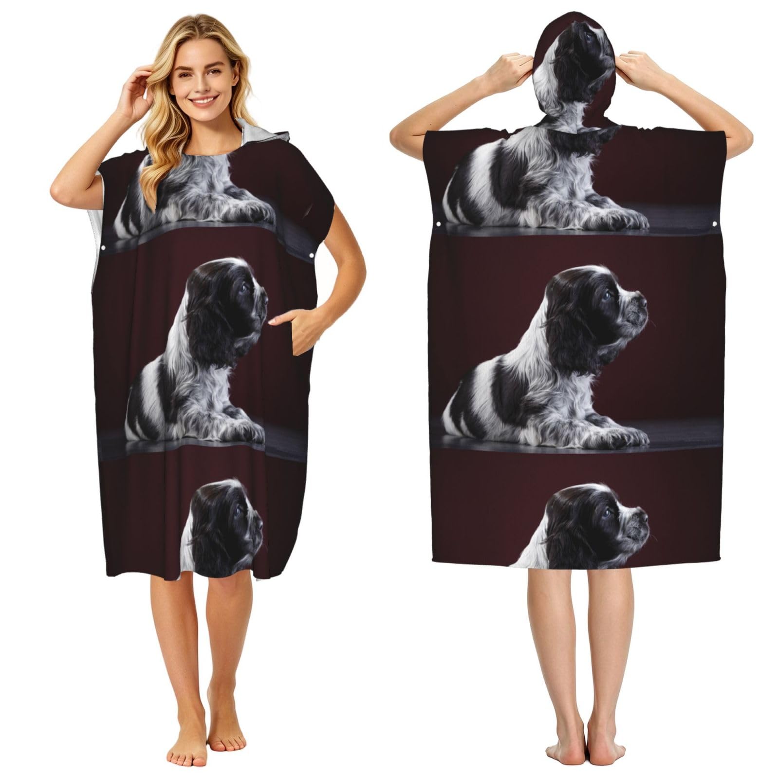 Poadnly Cocker Spaniel Puppy Black And White Spaniel, Adult Hooded Beach Towel 90 x 110 cm,Changing Bath Robe, Surf Poncho Towel For Women Men