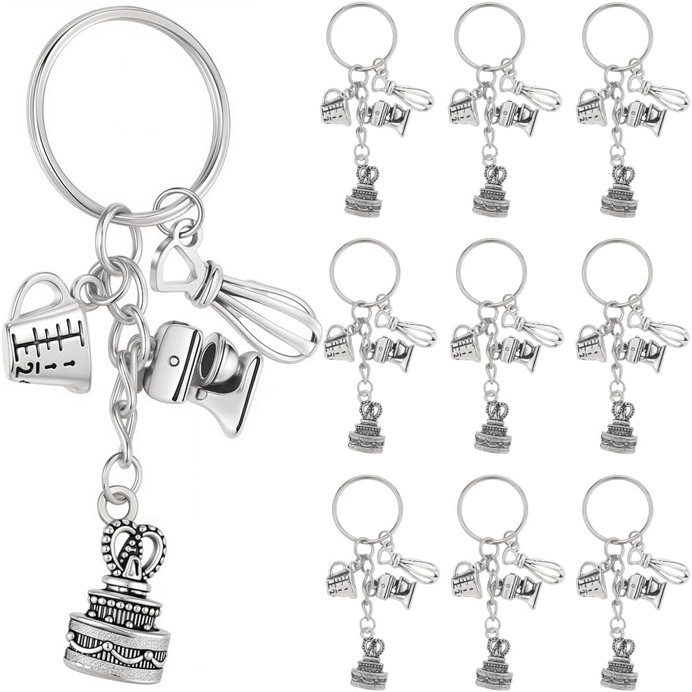 SUNNYCLUE 1 Box 20Pcs Baking Key Chain Cake Keychain Bulk Silver Metal Alloy Dessert Cooking Kitchen Cutlery Baker Tool Utensils Decorations Charm Keyring for Handbag Graduation Gifts Accessories