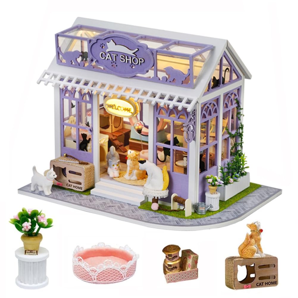 Kit fai da te in miniatura per casa delle bambole con luci a LED, negozio di gatti fai da te, in legno, per adulti, per costruire la casa delle bambole, decorazione per la casa, regalo di compleanno