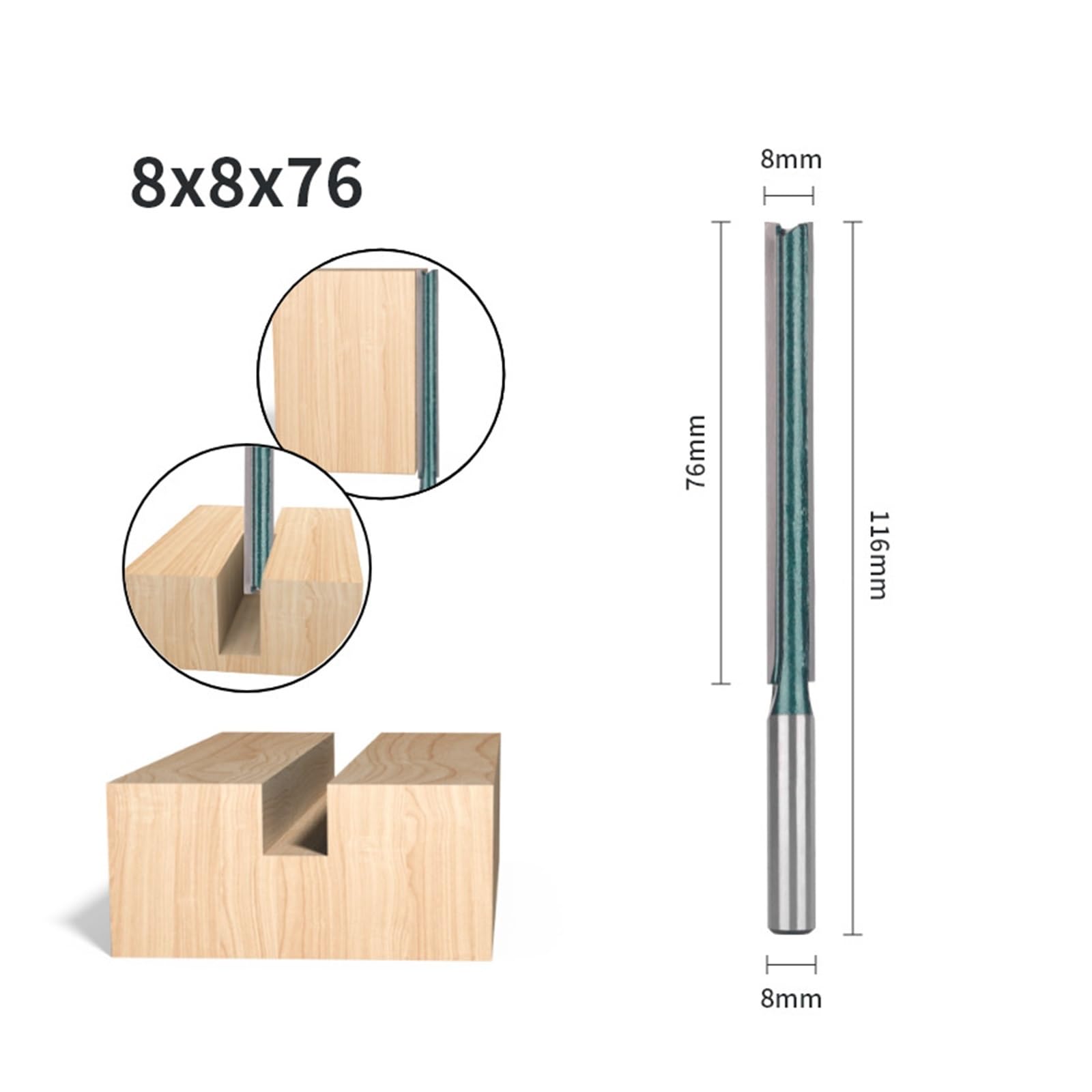 Fresa de carpintería verde, vástago 8MM y 12MM, fresa for cara madera, extremo carburo, 1 ud(8x8x76)