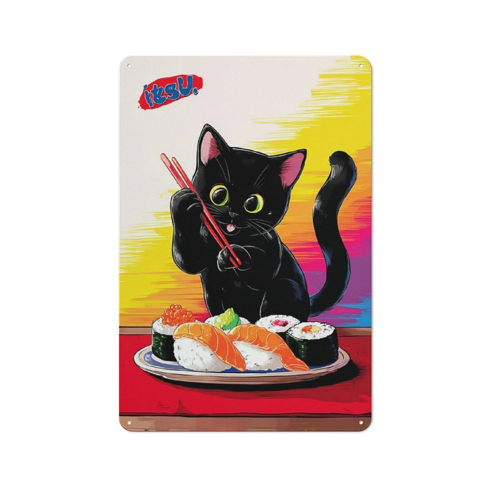 Junmoney Sushi Cat With Chopsticks -1 Retro Metal Sign 30X20cm For Hobby Room Or Studio, Autumn Wall Decor For Creative Interior Collectors