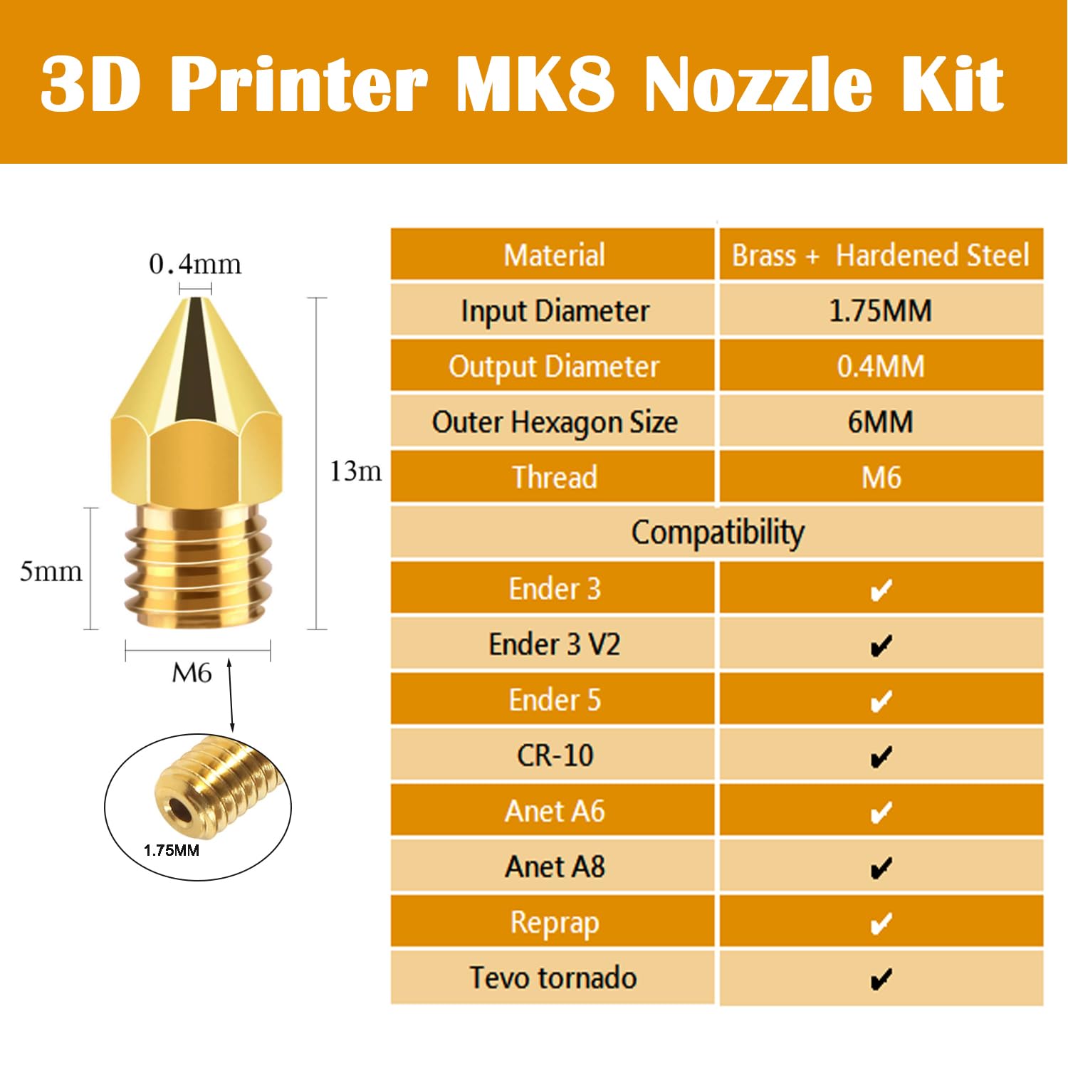 MK8 zestaw dysz do drukarki 3D, 0,4 mm, 2 sztuki hartowanej stali + 8 sztuk mosiądzu, do drukarek 1,75, Ender 3, V2, Ender 3, Ender 5 Pro/Ender 3 Neo/CR 10