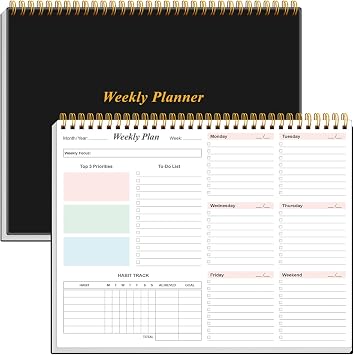 Weekly To Do List Notepad - 8.5" x 11" Dashboard Desk Pad/Planner, Habit Tracker, Office Accessories, College School Supplies for Home and Work Productivity, 52 Weeks, Black