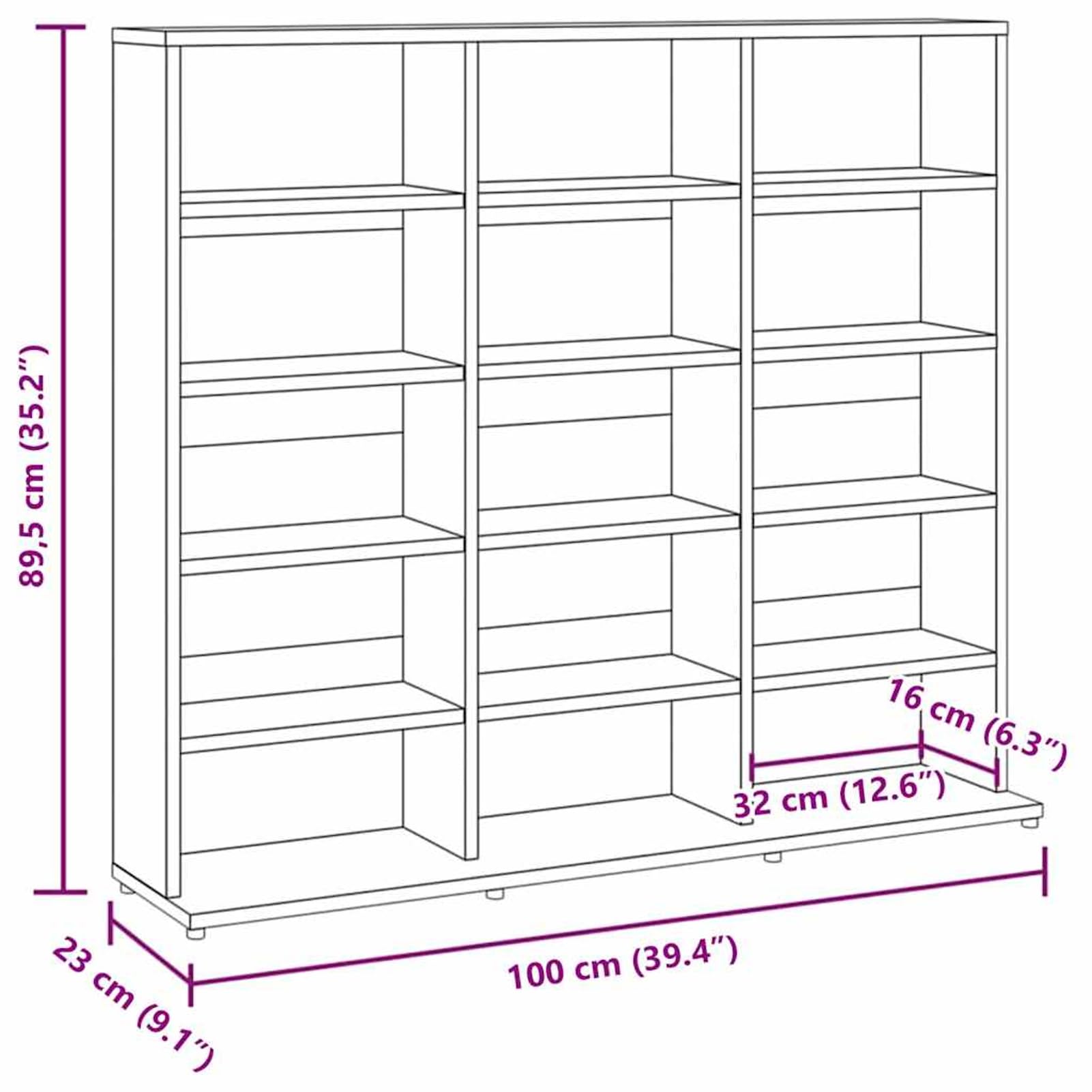 Scaffale per CD, larghezza 100 cm, grigio Sonoma, in legno, 100 x 23 x 89,5 cm, per collezione di CD, DVD e dischi in vinile