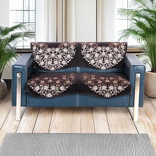 Image of Premium Chenille Woven Anti-Slip 2 Seater Sofa Cover | L-Shape Sofa Seat Protector for Living Room | Durable & Stylish Slipcover - Brown Phoolkari