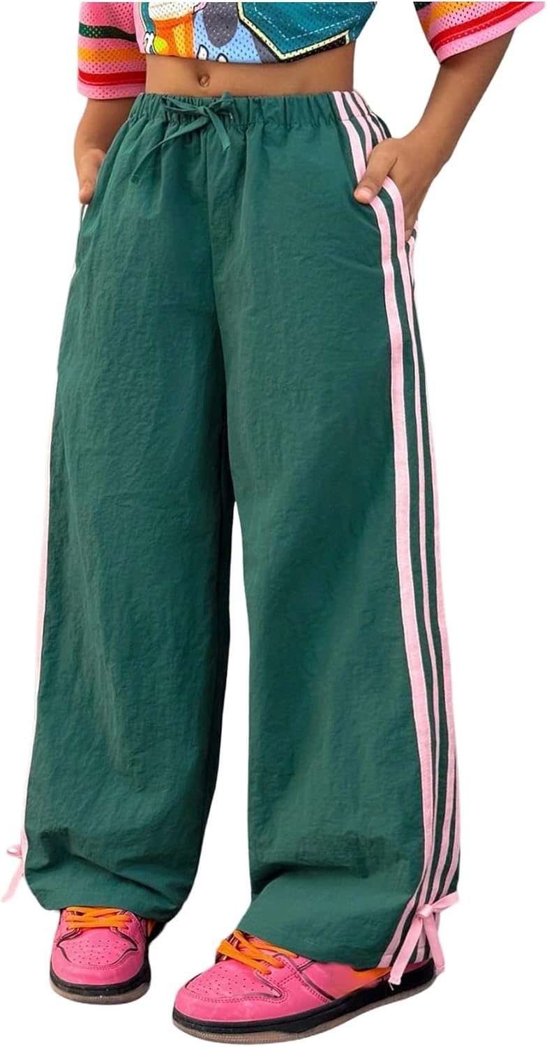 MakeMeChic Girl's Striped Baggy Wide Leg Sweatpants Workout Running Track Pants