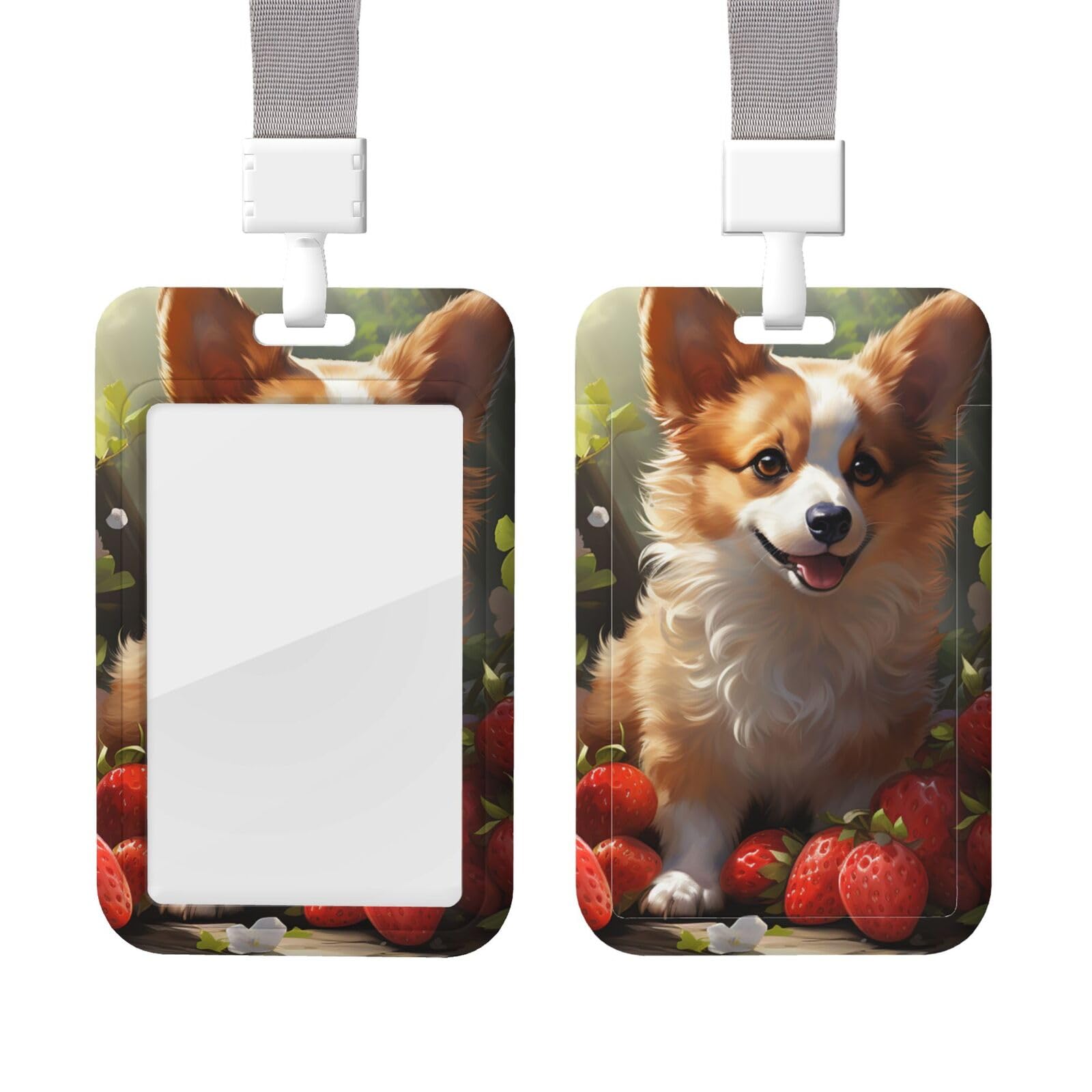 Id Badge Holder with Lanyard Strawberry and Cute Corgi Print Badge Holder Waterproof Plastic Card Sleeve Breakaway Neck Lanyards Name Tag for Work Office Doctor Nurse : מוצרים למשרד