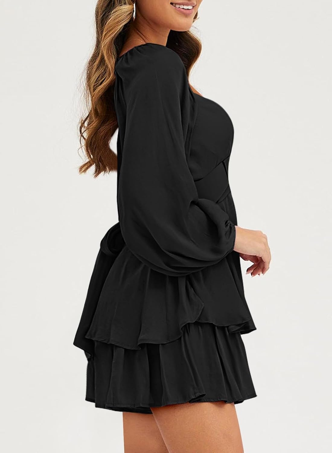 Fixmatti Women off Shoulder Rompers Lantern Long Sleeve Ruffle Tie Mini Shorts Jumpsuit - Image 6