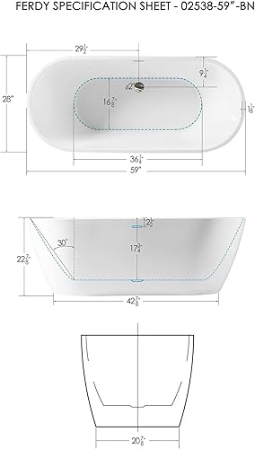Miniatura 2 de FerdY Bali - Bañera de acrílico independiente, bañera de inmersión independiente con forma graciosa, certificado CUPC blanco brillante, drenaje