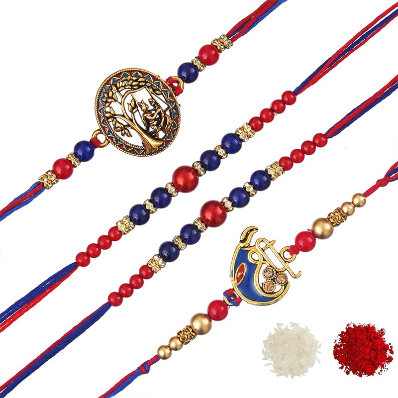 Image of eCraftIndia Set of 4 Golden Laddu Gopal, Lord Krishna Playing Flute, Lord Ganesha, and Shivling Religious Rakhis with Green Red Threads, and Roli Chawal Pack