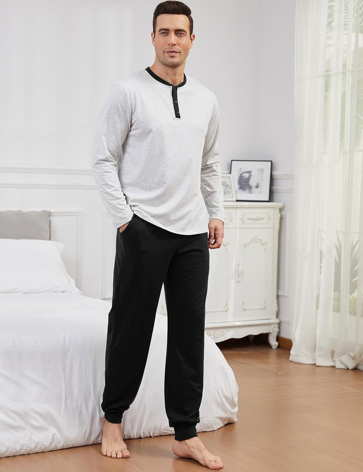 Yimoon Men's Pajama Set Soft Cotton Henley Neckline Sleepwear Long Sleeve 2 Piece Lounge Set with Pockets - Image 2
