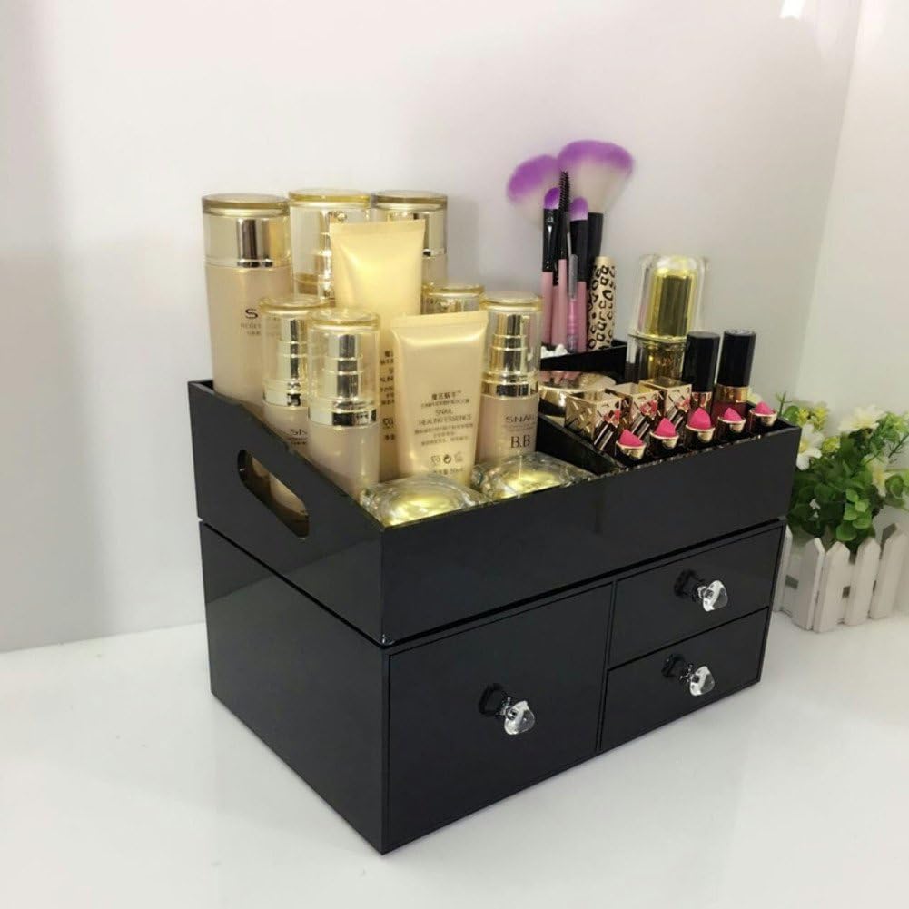 Cosmetic storage box bathroom makeup organizer makeup transparent white makeup brush storage drawer girlfriend gift surprise boys for girls lipstick holder storage box nail polish display rack multifunction shelf [black]-H