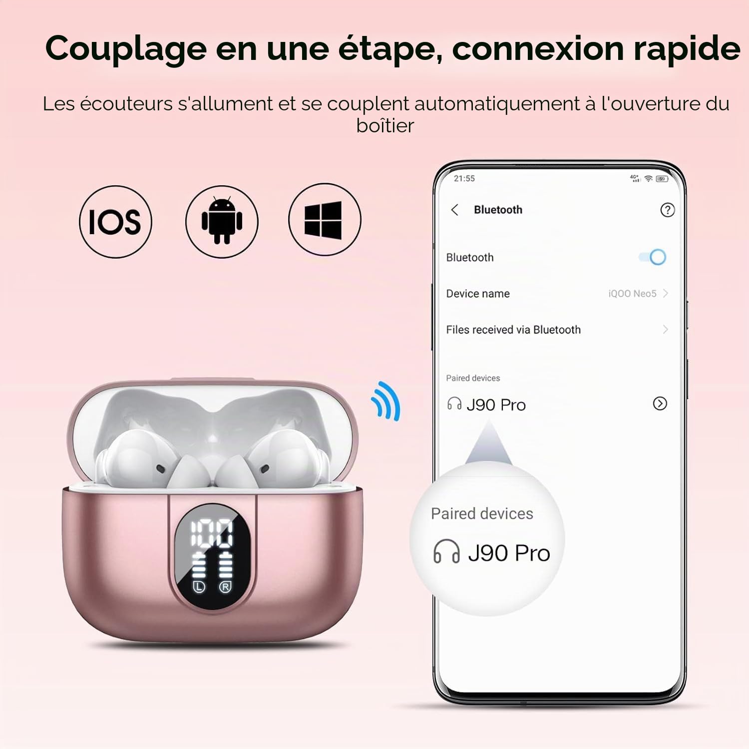 Csasan Ecouteurs Bluetooth sans Fil, 2023 Écouteurs Bluetooth 5.3 HiFi Stéréo avec 4 ENC Réduction de Bruit Mic, 40Heure Contrôle Tactile Oreillette Bluetooth avec Écran LED, Casque Bluetooth Rose