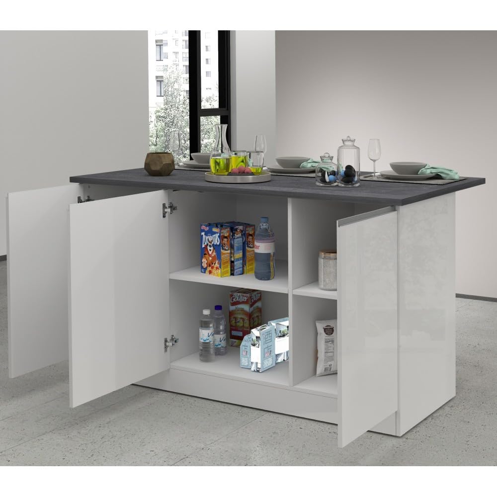 VE.CA - Isola Cucina Clarissa con Piano Lavoro 90x155x90 cm, Made in Italy - Mobile Cucina Moderno, Credenza con 3 Ante - Ideale come Tavolo da Pranzo - Bianco Lucido/Report
