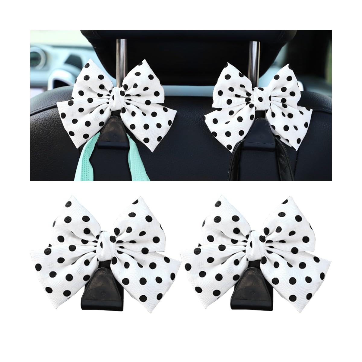 Mandark 2-Piece Car Seat Headrest Hooks - Universal for All Vehicles, Cute Bow Hooks for Purses & Bags, Interior Decoration Accessories (White/Polka