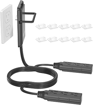 Dual 6FT Flat Plug Extension Cord, Universal Size Outlet Cover 6FT Twin Extension Cord with 3 Outlets Each Side, Ultra Thin Wall Plug Outlet Extender with Cord Clips,1625W, Black