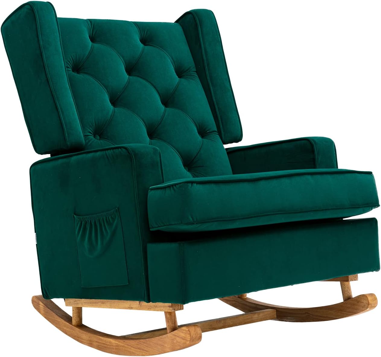 Mid-Century Modern Oversized Rocking Chair with Plush Upholstered Cushions & Solid Wood Base - Non-Slip Nursery Glider Armchair Featuring Side Pockets, 300lb Capacity (Emerald)
