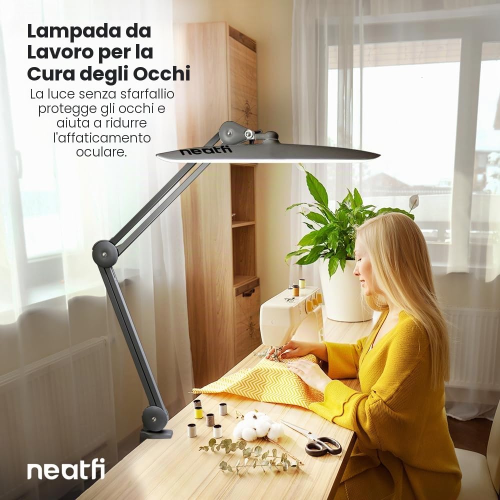 Neatfi XL Lampada da Scrivania LED 2200 Lumen 24W con Morsetto – Illuminazione Senza Ombre | 4 Livelli di Intensità | Ufficio Domestico e Hobby | Testa Larga 50 cm (Argento, Non-CCT con morsetto)