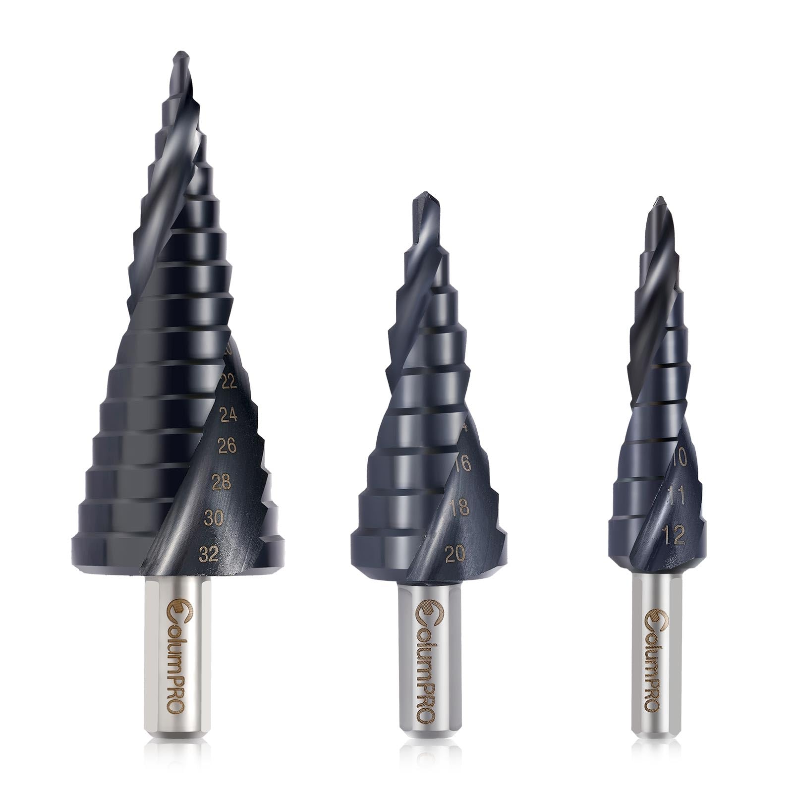 ColumPRO 3PCS Cobalt Step Drill Bits for Hard Metal, Metric M35 Unibit Set with Cobalt TiAlN Coating for Stainless Steel, Iron, Aluminum (4-12,4-20,4-
