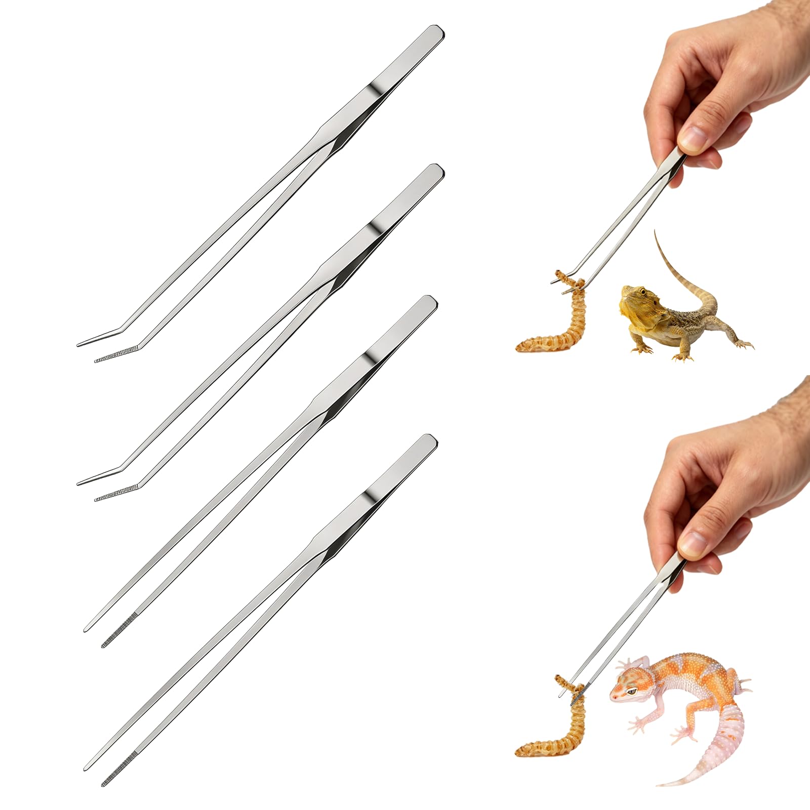 Hounyou 4 Pcs Long Tweezers Kit, Stainless Steel Straight and Curved Tweezers for Reptile Feeding and Aquarium