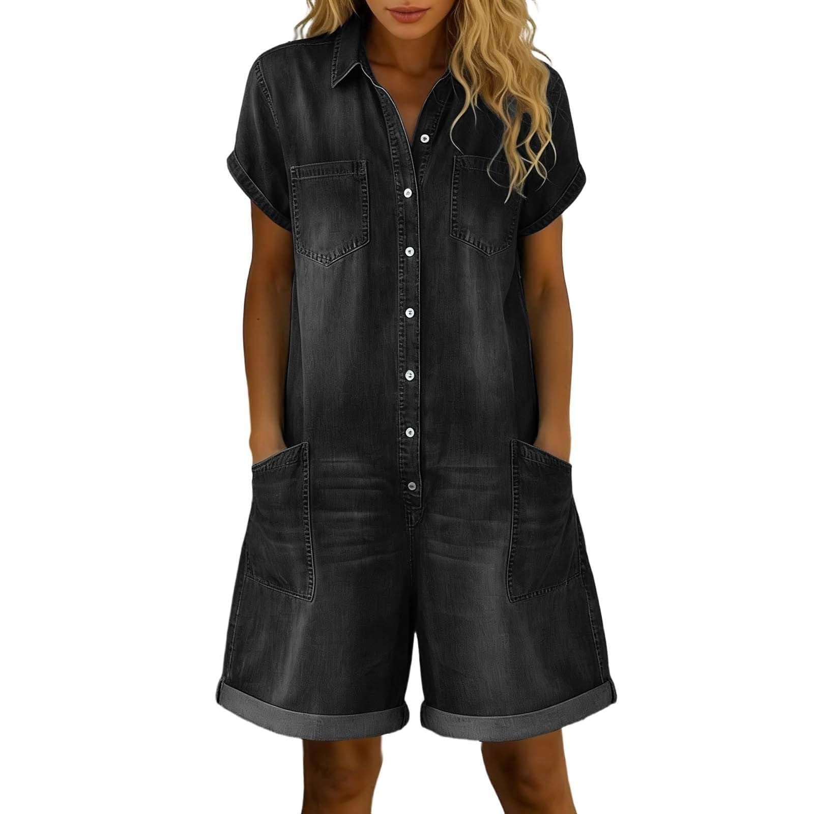 Mono de manga corta para mujer, estilo vintage desgastado, pantalones cortos de mezclilla | V-cuello una pieza con botones de pierna ancha mamelucos con bolsillos, tallas grandes para el día a día trajes de vestir