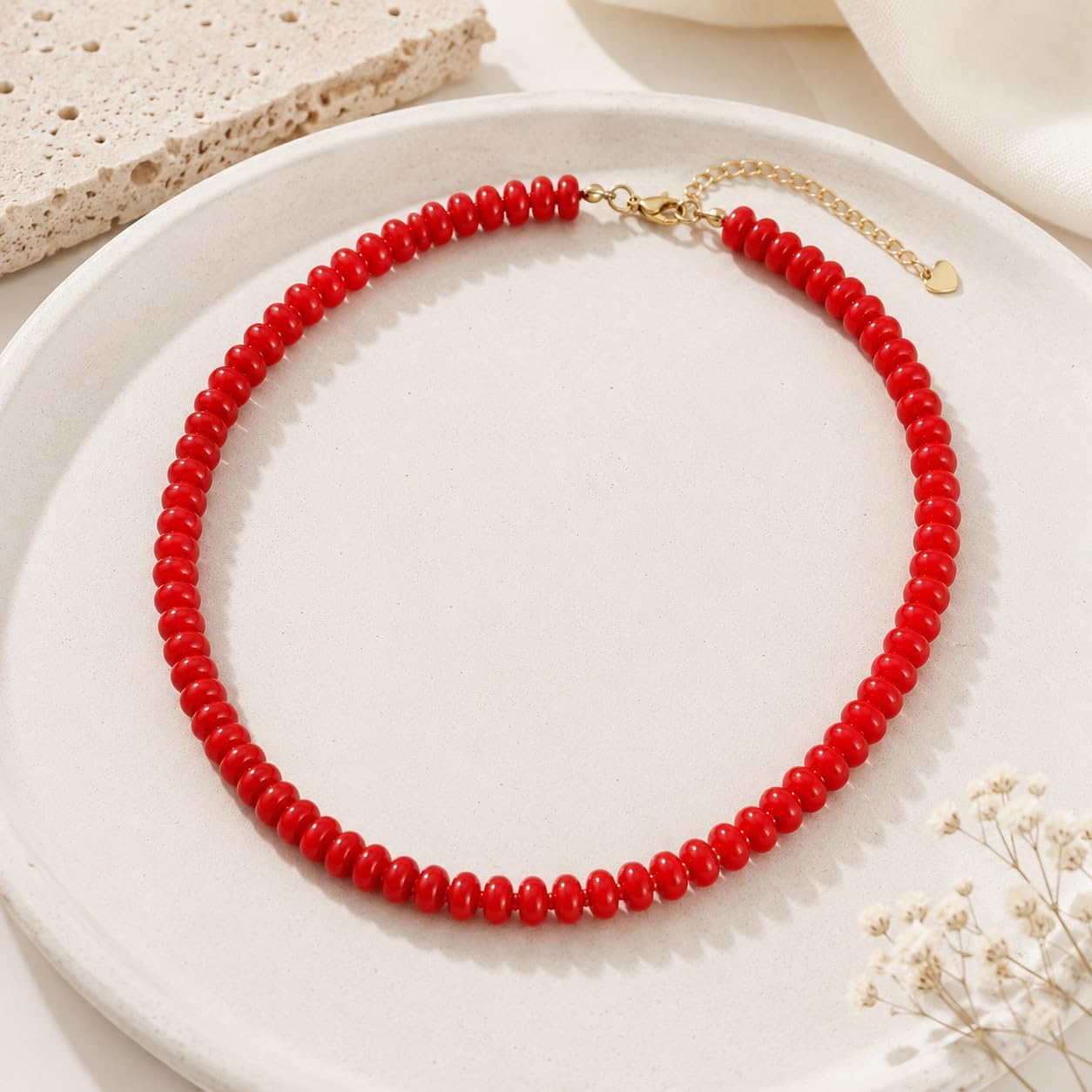 Blue/Red Beaded Necklace for Women, 5x8mm Stone Choker with Gold Clasp