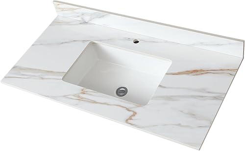 Miniatura 23 de Encimera de tocador de mármol de 43 pulgadas con fregadero, encimera de piedra de ingeniería con fregadero de cerámica y protector contra blanco
