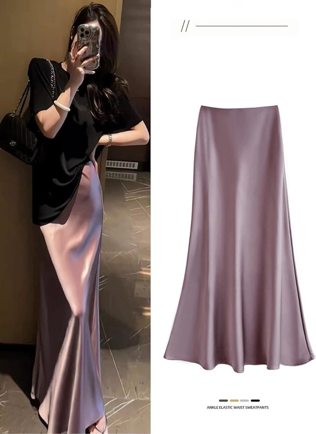 Women’s Satin Silk Midi Skirt Fishtail Mermaid High Waist Long Skirts Black